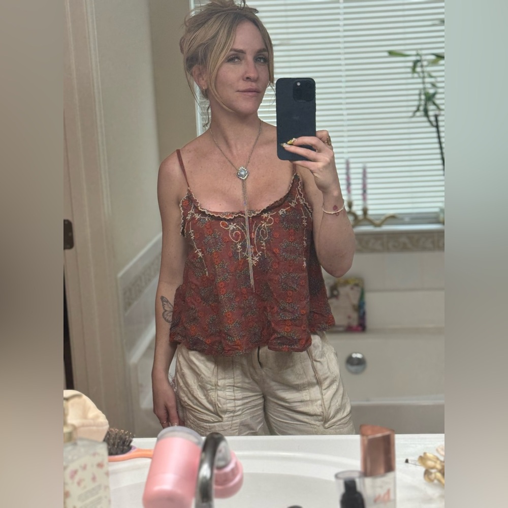 Boho Floral Spaghetti Strap Tank Top - Rust